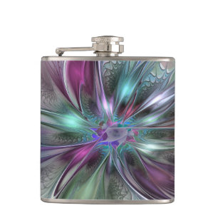 Colorful Fantasy Abstract Modern Fractal Flower Hip Flask