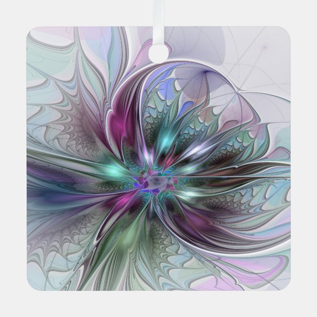 Colorful Fantasy Abstract Modern Fractal Flower Metal Ornament (Front)