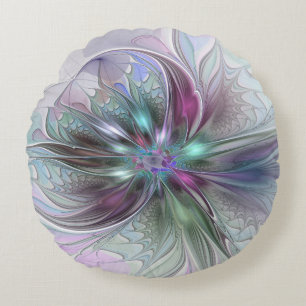 Colorful Fantasy Abstract Modern Fractal Flower Round Pillow