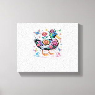 Colorful Fantasy Duck with Flowers and Butterflies Canvas Print
