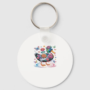 Colorful Fantasy Duck with Flowers and Butterflies Keychain