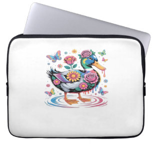 Colorful Fantasy Duck with Flowers and Butterflies Laptop Sleeve
