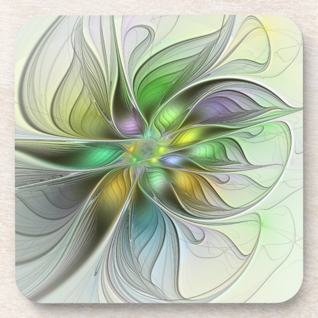 Colorful Fantasy Flower Modern Abstract Fractal Coaster (Front)