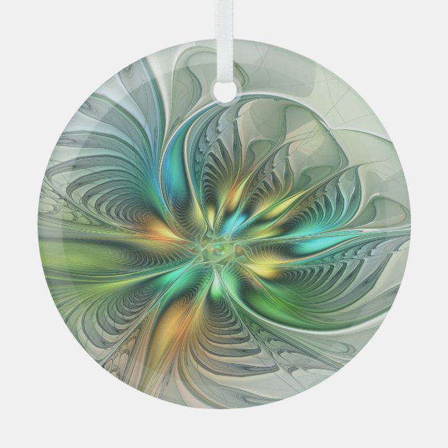 Colorful Fantasy Modern Abstract Flower Fractal Glass Ornament (Front)