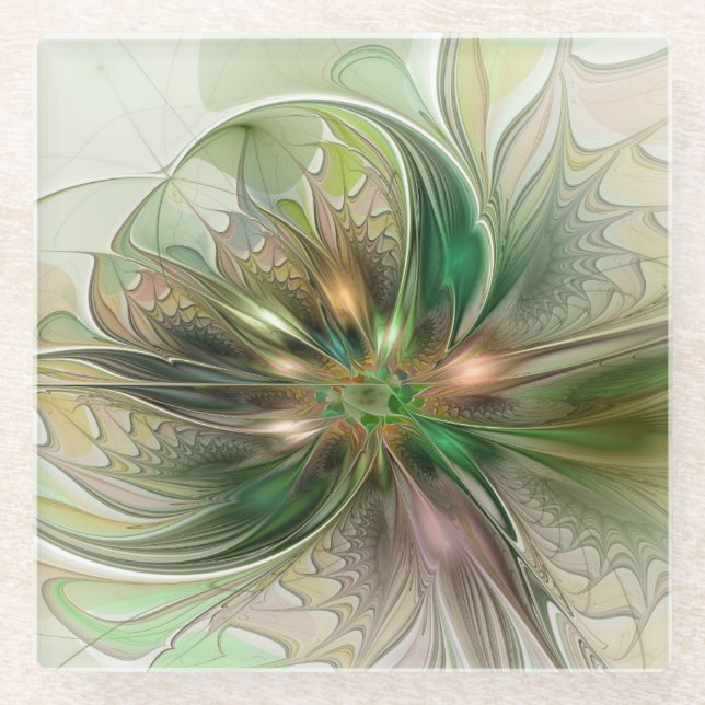 Colorful Fantasy Modern Abstract Fractal Flower Glass Coaster (Front)