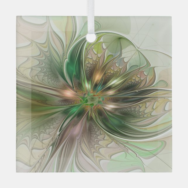 Colorful Fantasy Modern Abstract Fractal Flower Glass Ornament (Front)