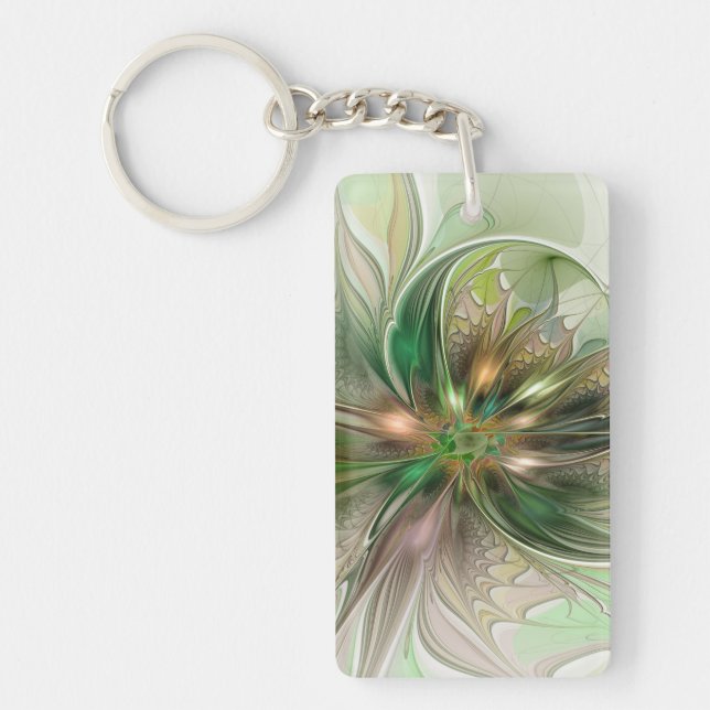 Colorful Fantasy Modern Abstract Fractal Flower Keychain (Front)