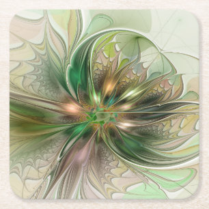 Colorful Fantasy Modern Abstract Fractal Flower Square Paper Coaster