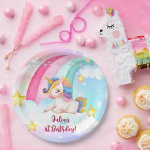 Colorful Fantasy Watercolor Rainbow Unicorn Girl  Paper Plate