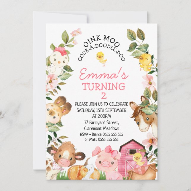 Colorful Farm Animals Pink Barn Birthday Invitation (Front)