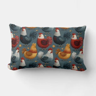 Colorful Farm Rooster And Hens Lumbar Pillow