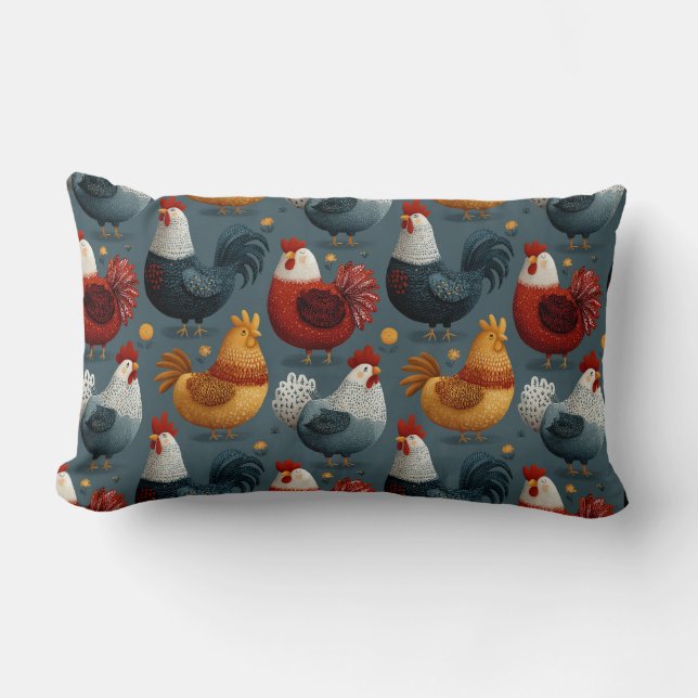 Colorful Farm Rooster And Hens Lumbar Pillow (Front)