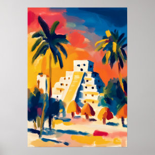 Colorful Fauvist Chichen Itza Pyramid Art Poster