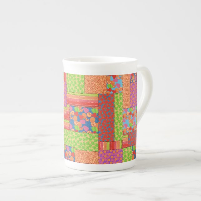 Colorful Faux Patchwork of Summer Fruits Patterns Bone China Mug (Front Right)