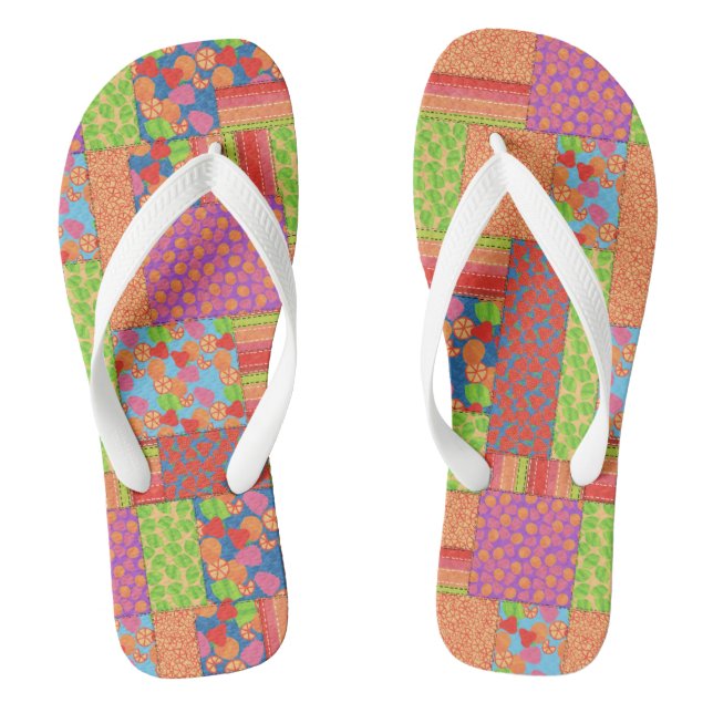 Colorful Faux Patchwork of Summer Fruits Patterns Flip Flops (Footbed)