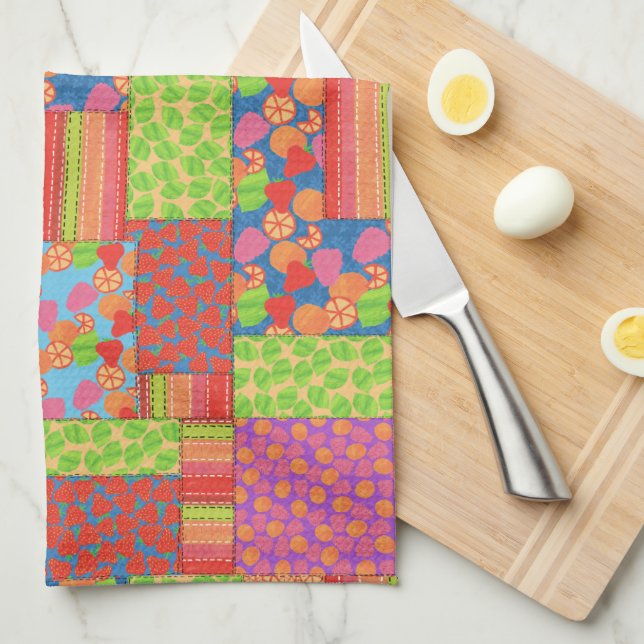 Colorful Faux Patchwork of Summer Fruits Patterns Kitchen Towel (Quarter Fold)