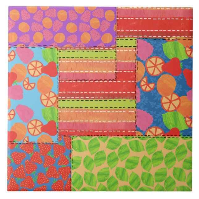 Colorful Faux Patchwork of Summer Fruits Patterns Tile (Front)
