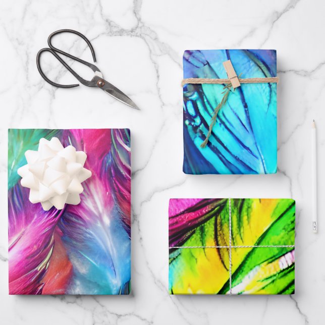 Colorful Feather Matching Mix Wrapping Paper Sheet (Front)