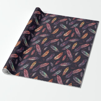 Colorful Feather Pattern on Black Background Wrapping Paper