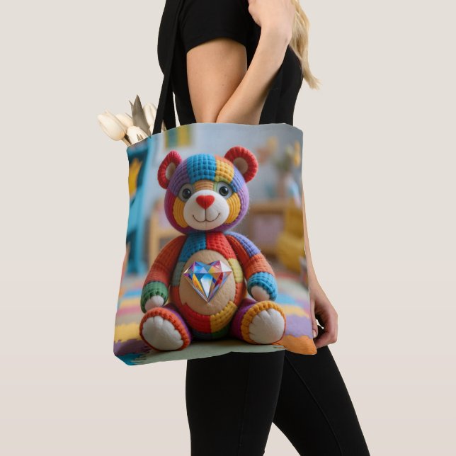 Colorful Felted Teddy Bear Tote Bag (Close Up)