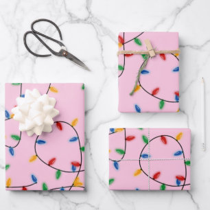 Colorful Festive Christmas Lights Pattern Pink Wrapping Paper Sheet