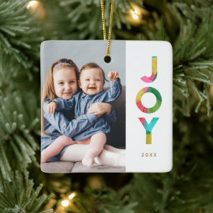 Colorful Festive JOY Christmas Photo Ceramic Ornament
