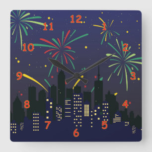 Colorful Fireworks Over the City Skyline Sketch Square Wall Clock
