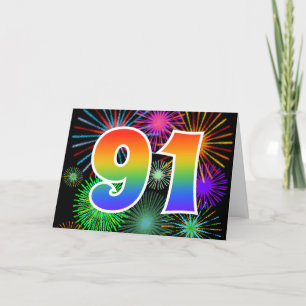 Colorful Fireworks + Rainbow Pattern "91" Event # Card