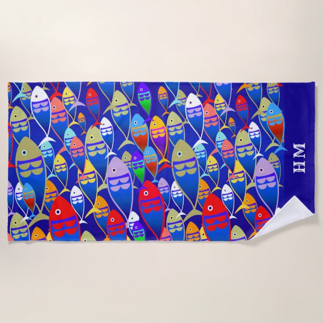 Colorful  Fish Art Deco Custom Text Monogram Beach Towel (Front)