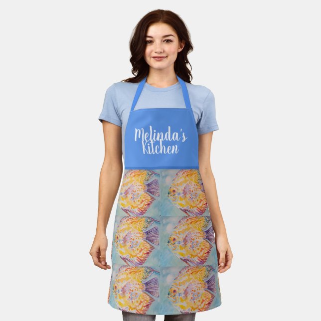 Colorful Fish Watercolor Blue Womans Kitchen Apron (Worn)
