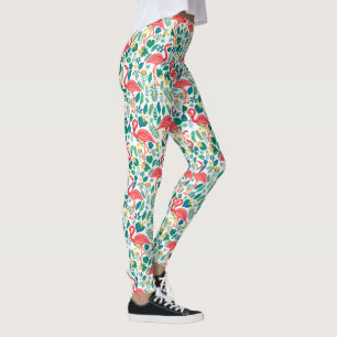 Colorful flamingos tropical flowers pattern leggings