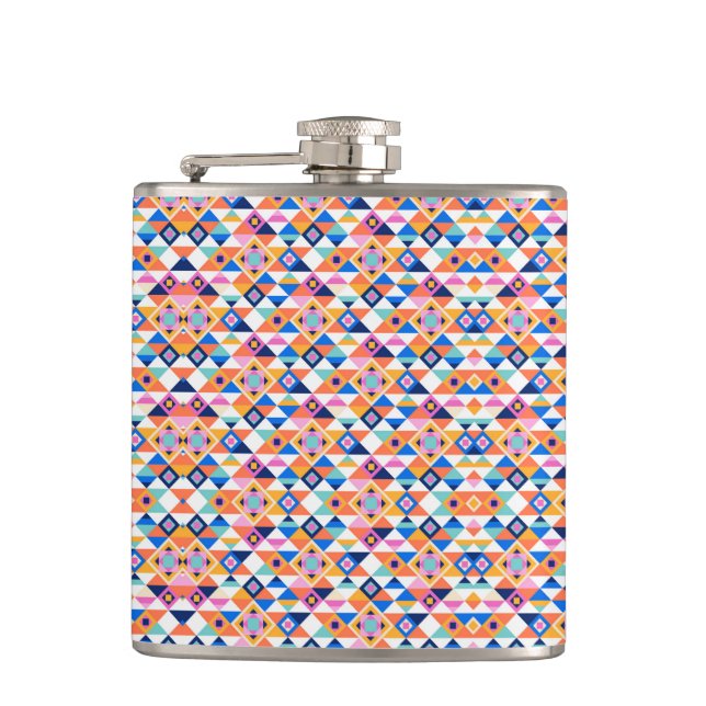 Colorful flask with geometric pattern in blues (Front)