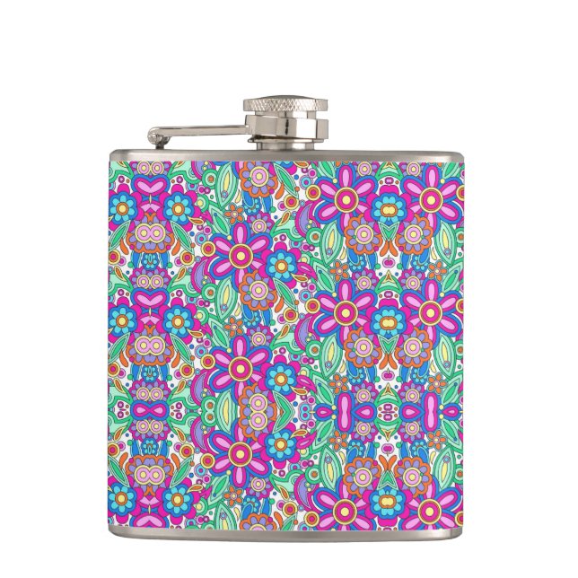 Colorful flask with vibrant geometric and floral  (Front)