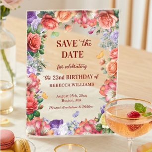 Colorful Floral 23rd Birthday Party Save the Date Acrylic Invitations