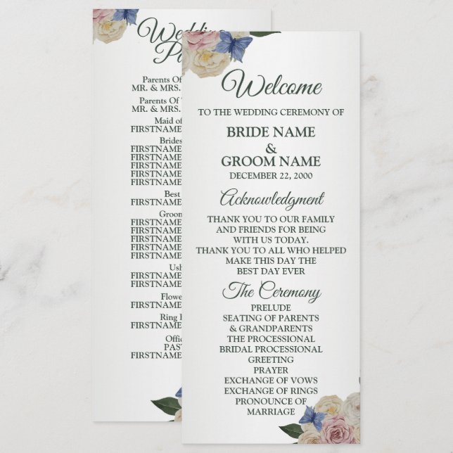 Colorful Floral Blue Butterfly Green Wedding  Program (Front/Back)