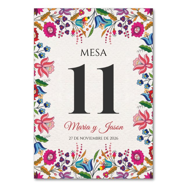 Colorful Floral Botanical Modern Spanish Wedding Table Number (Front)