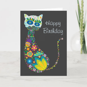 Colorful Floral Cat Happy Birthday Card