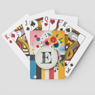 Colorful Floral Design Circle Frame Chic Monogram Playing Cards