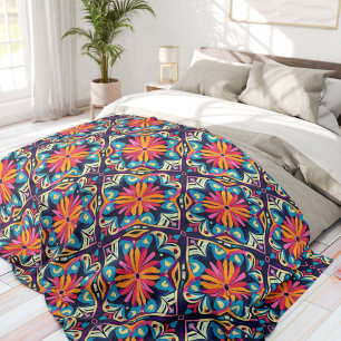 Colorful Floral Diamonds Bohemian  Fleece Blanket