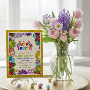 Colorful Floral Easter Egg Hunt 3D paper-cut style Invitation