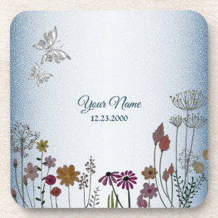 Colorful Floral Garden Blue Glitter Wedding Party Coaster