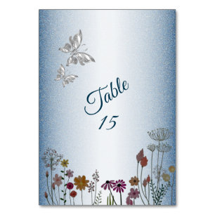 Colorful Floral Garden Blue Glitter Wedding Party  Table Number