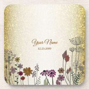 Colorful Floral Garden Gold Glitter Wedding Party Coaster
