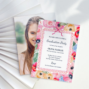 Colorful Floral Grad Party   Photo and Pink Bow Invitation