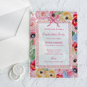 Colorful Floral Grad Party   Whimsical Pink Bow Acrylic Invitations