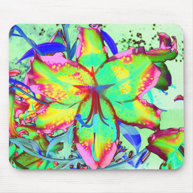 Colorful floral green pink lily tropical flowers mouse pad (Front)
