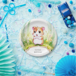 Colorful Floral Hamster Birthday Paper Plate