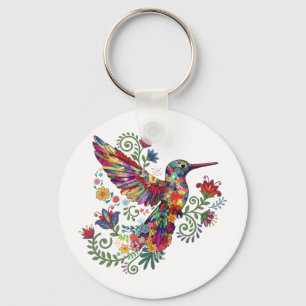 Colorful Floral Hummingbird Watercolor Art Keychain