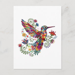 Colorful Floral Hummingbird Watercolor Art Postcard
