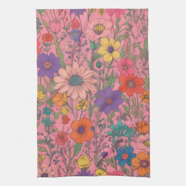 Colorful floral pattern on pink kitchen towel (Vertical)